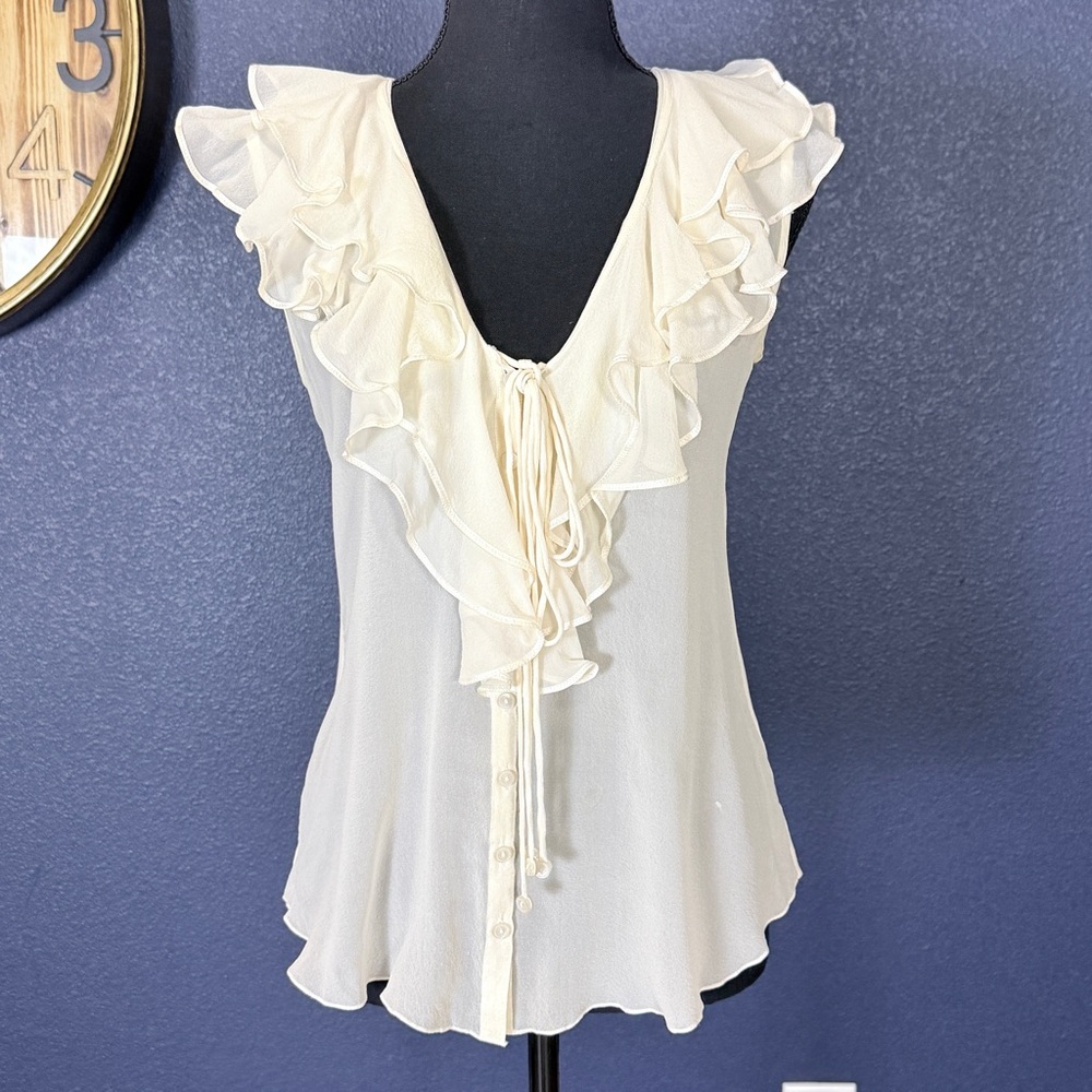 Yoana Baraschi Cream Ruffle Silk Sleeveless Blouse | Size Small